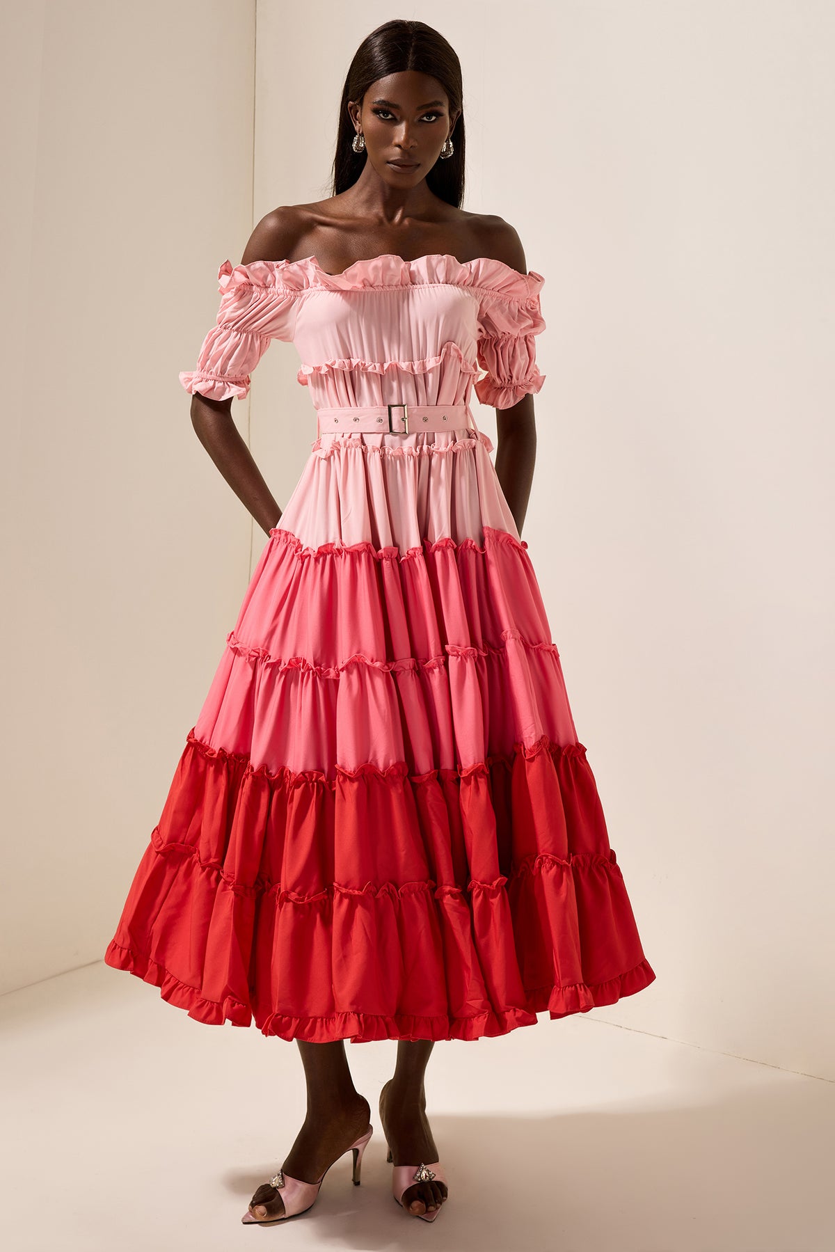 Contrast Color Off-Shoulder Frill Midi Dress