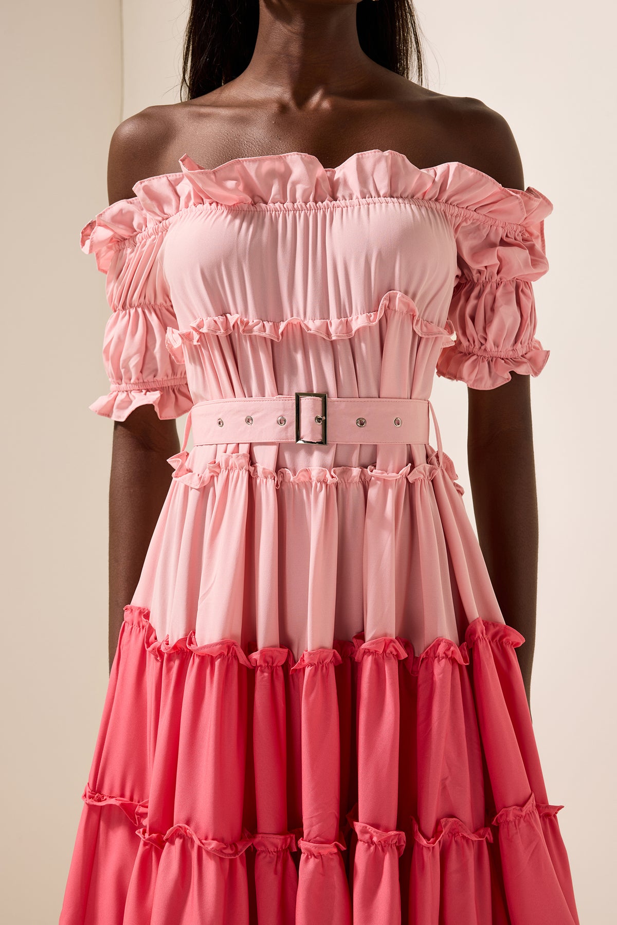 Contrast Color Off-Shoulder Frill Midi Dress