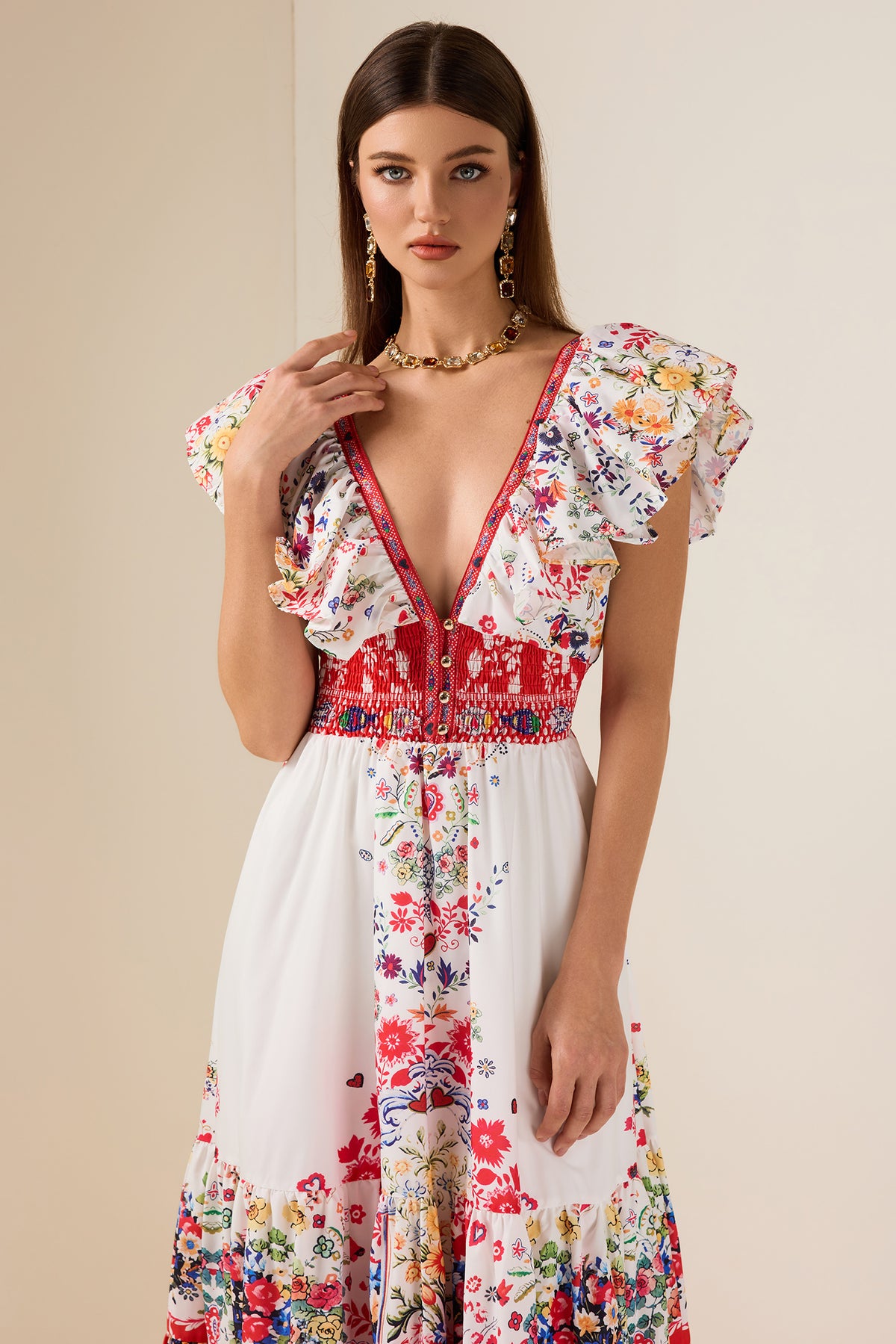 Floral Ruffle V-Neck Midi Dress