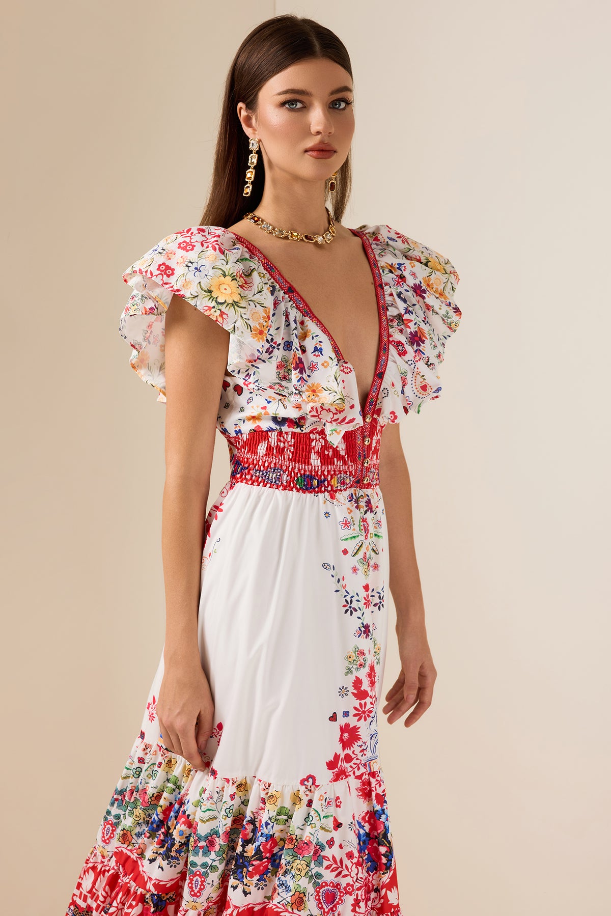 Floral Ruffle V-Neck Midi Dress