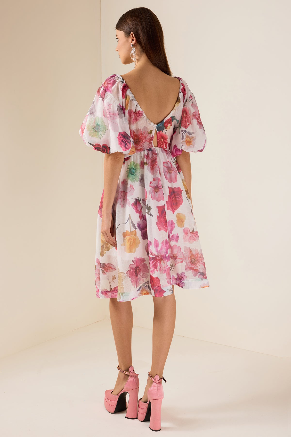 Floral V-Neck Puff Sleeve Mini Dress
