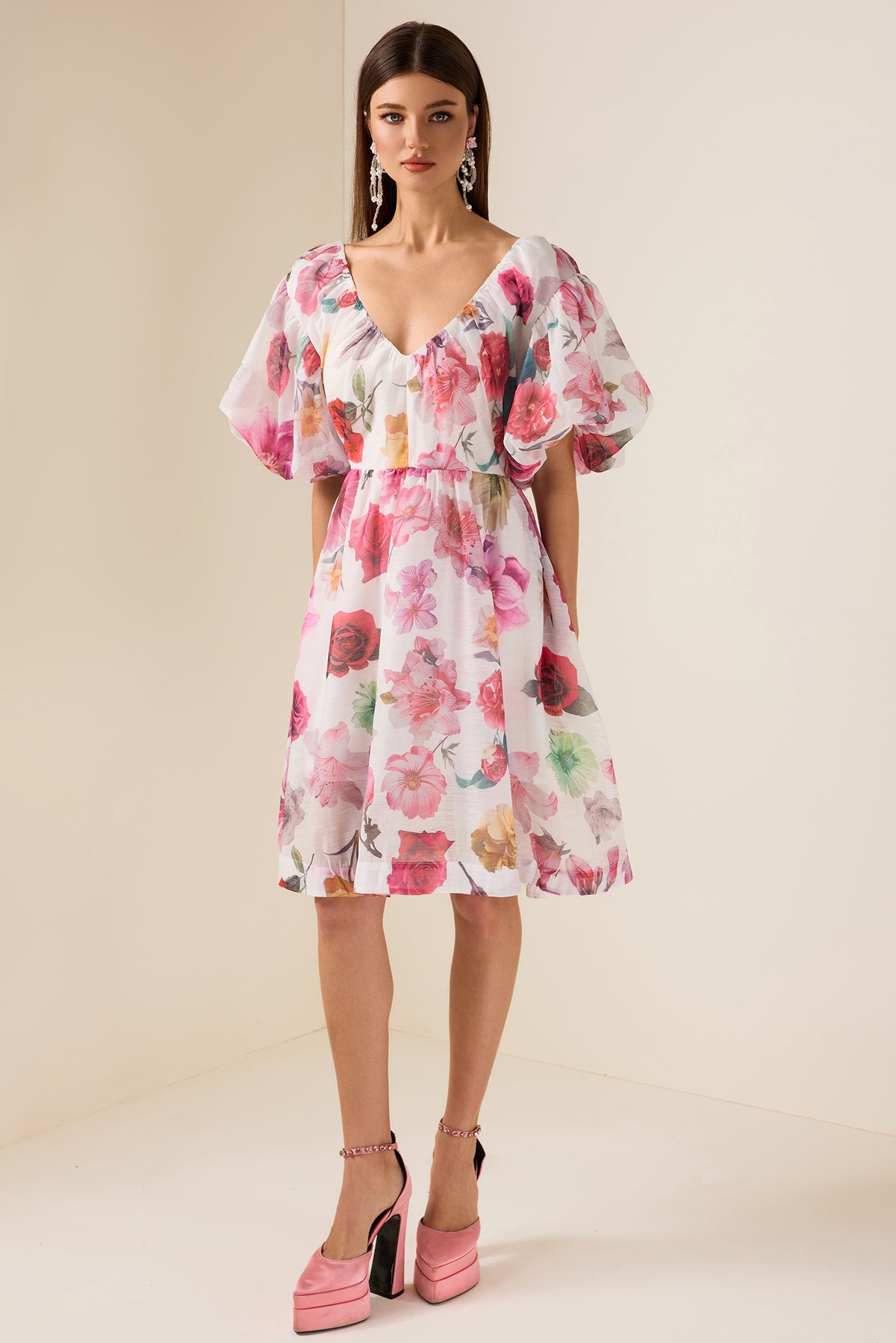 Floral V-Neck Puff Sleeve Mini Dress