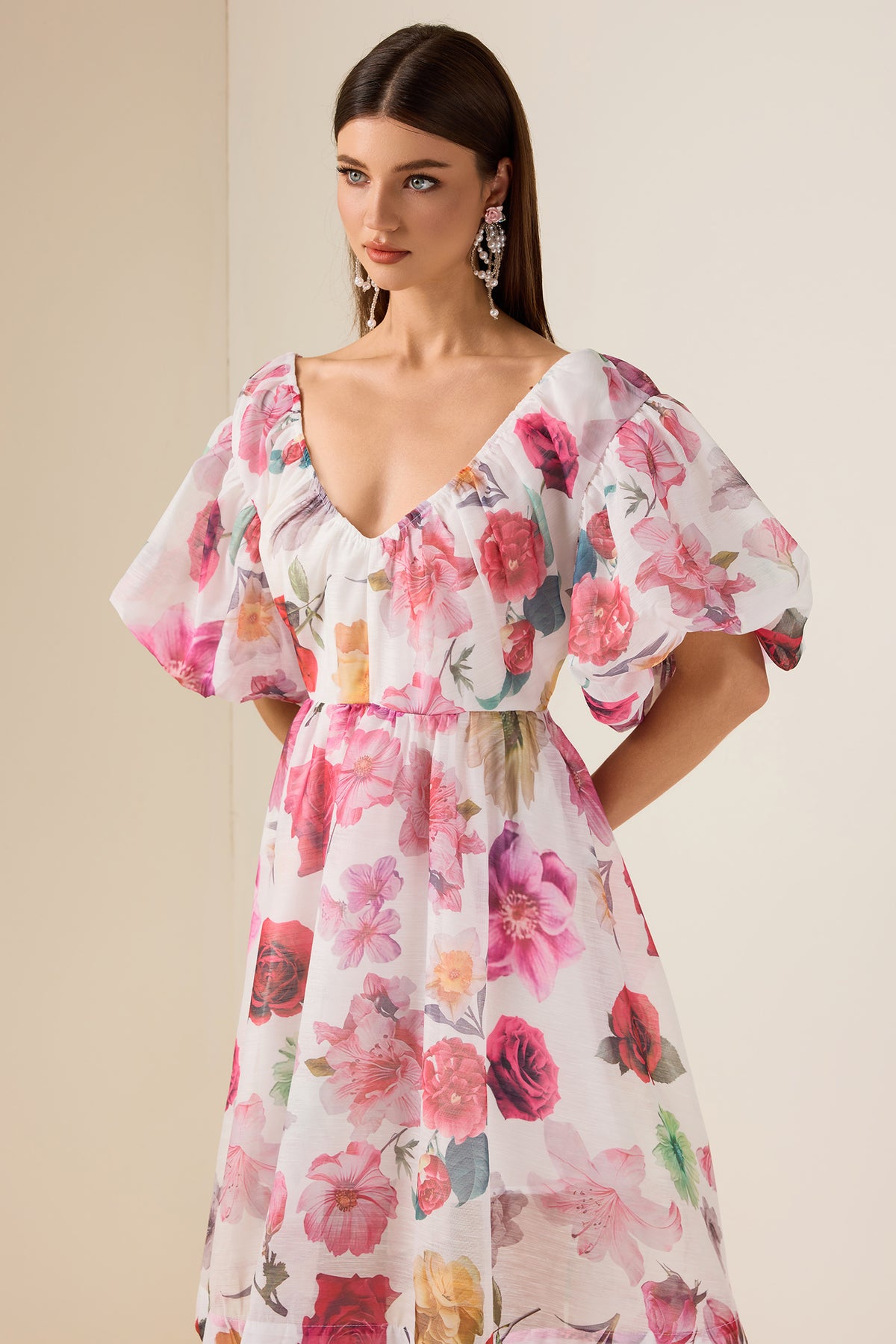 Floral V-Neck Puff Sleeve Mini Dress