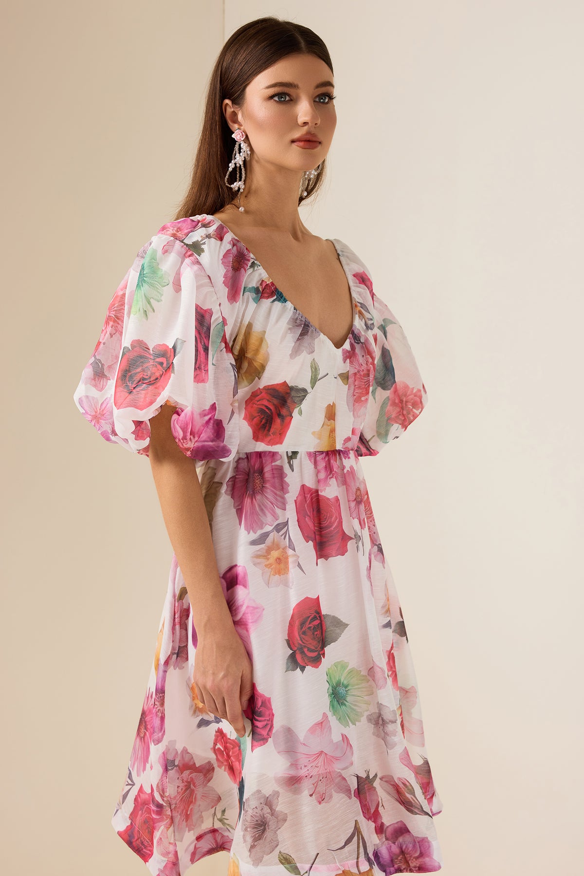 Floral V-Neck Puff Sleeve Mini Dress