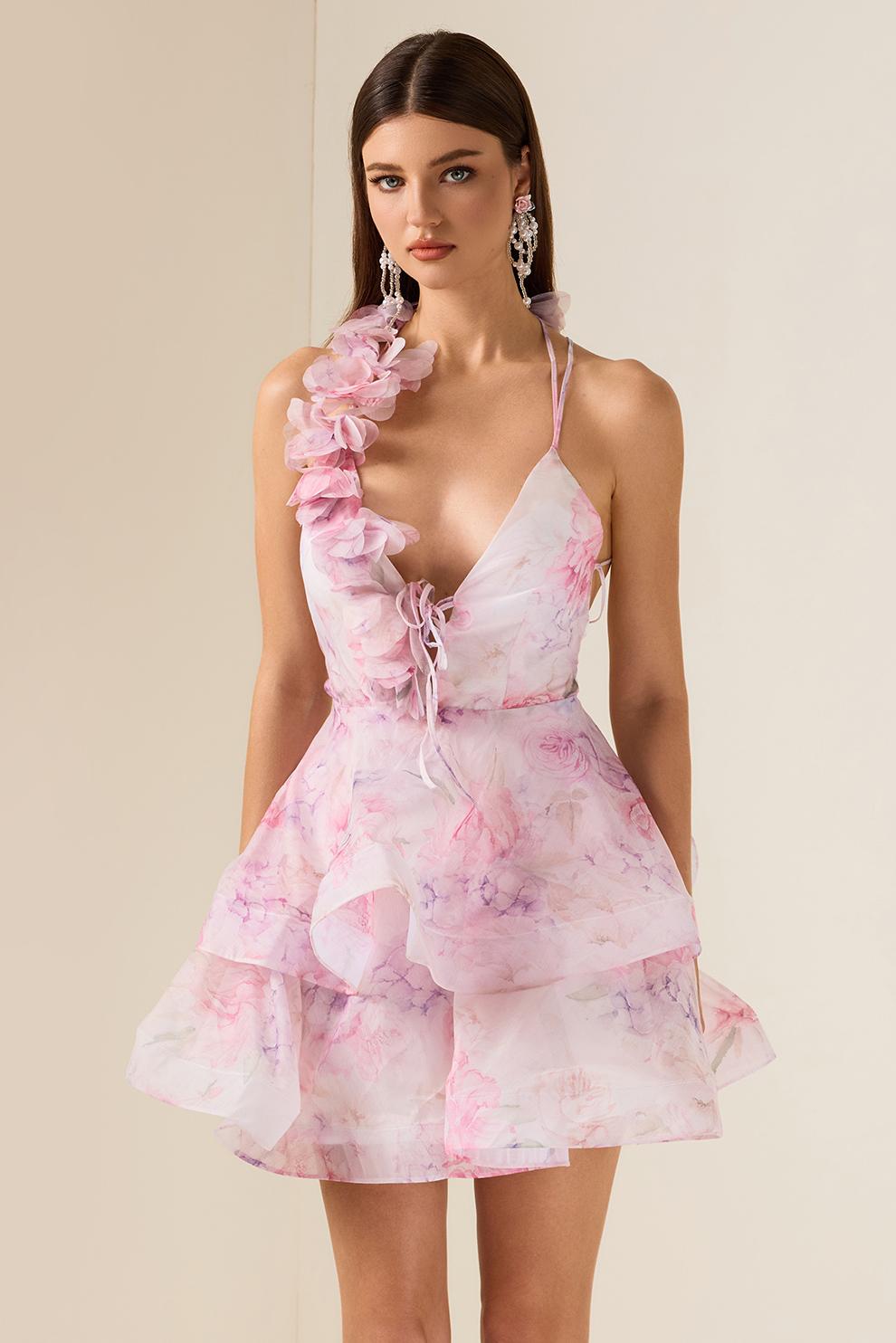 3D Flower Chiffon Ruffle Mini Dress
