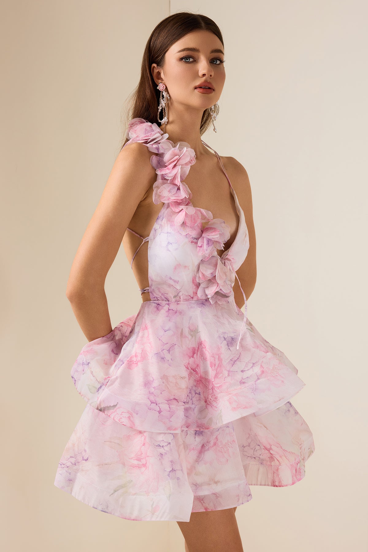 3D Flower Chiffon Ruffle Mini Dress