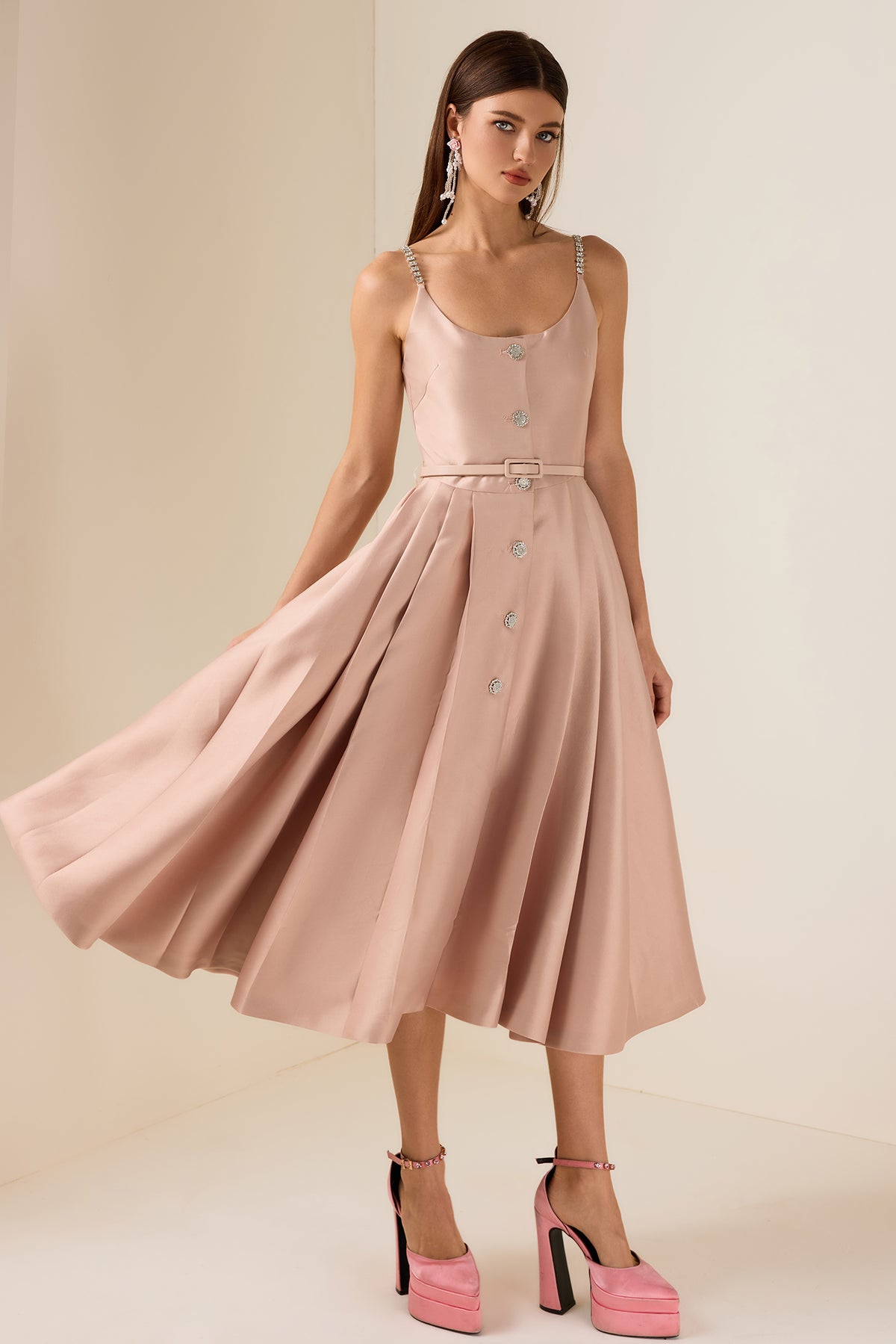 Solid Rhinestone Sleeveless Midi Dress With Belt