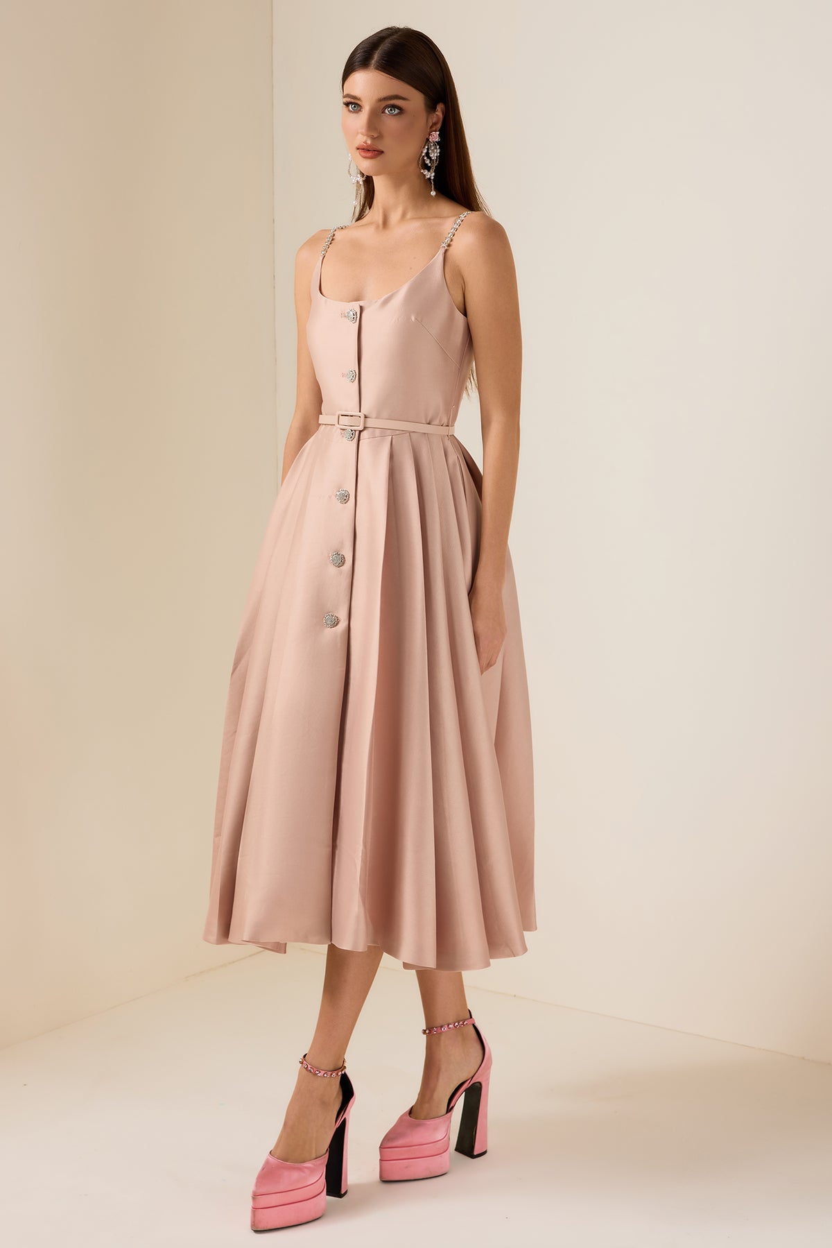 Solid Rhinestone Sleeveless Midi Dress With Belt