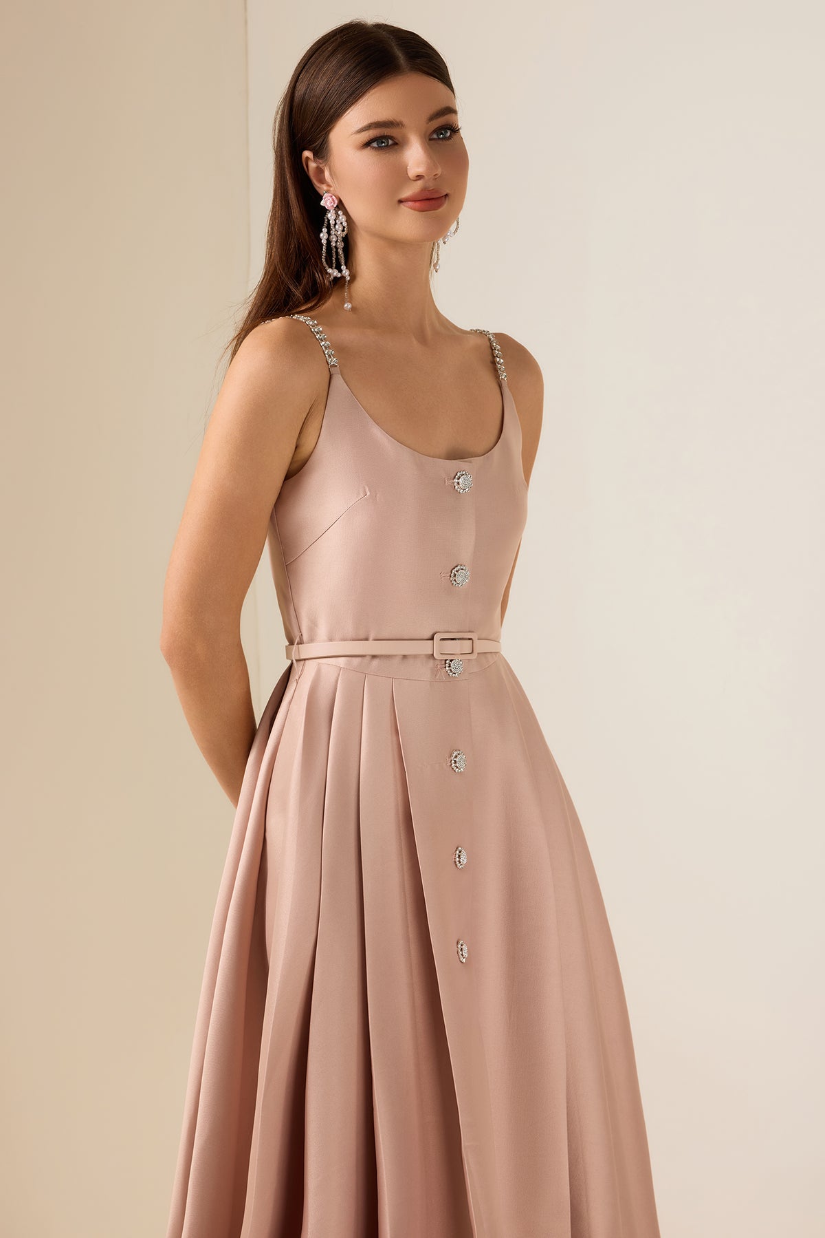 Solid Rhinestone Sleeveless Midi Dress With Belt
