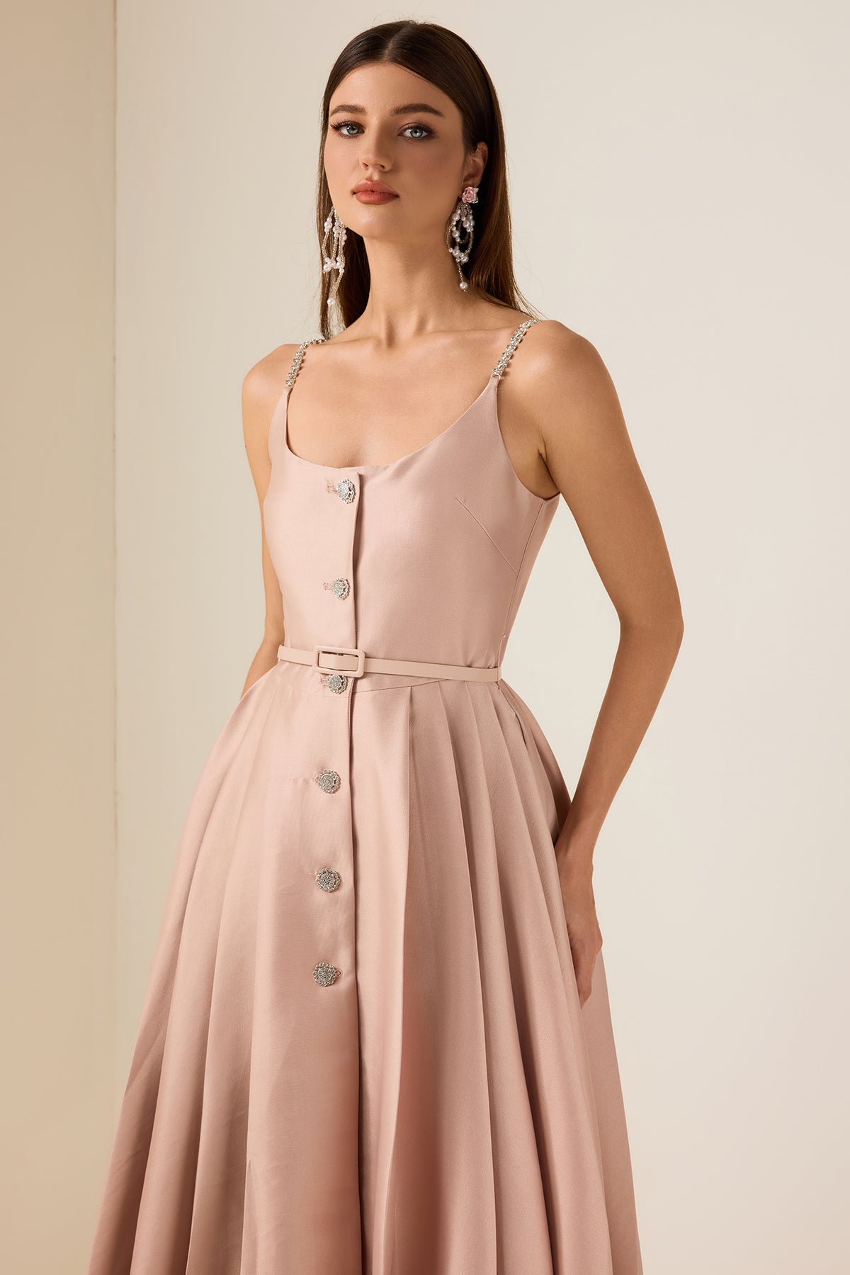 Solid Rhinestone Sleeveless Midi Dress With Belt