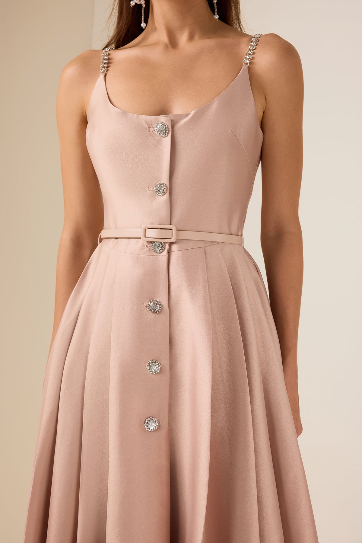 Solid Rhinestone Sleeveless Midi Dress With Belt