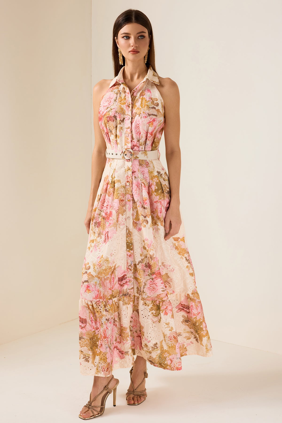 Embroidered Floral Maxi Dress With Belt