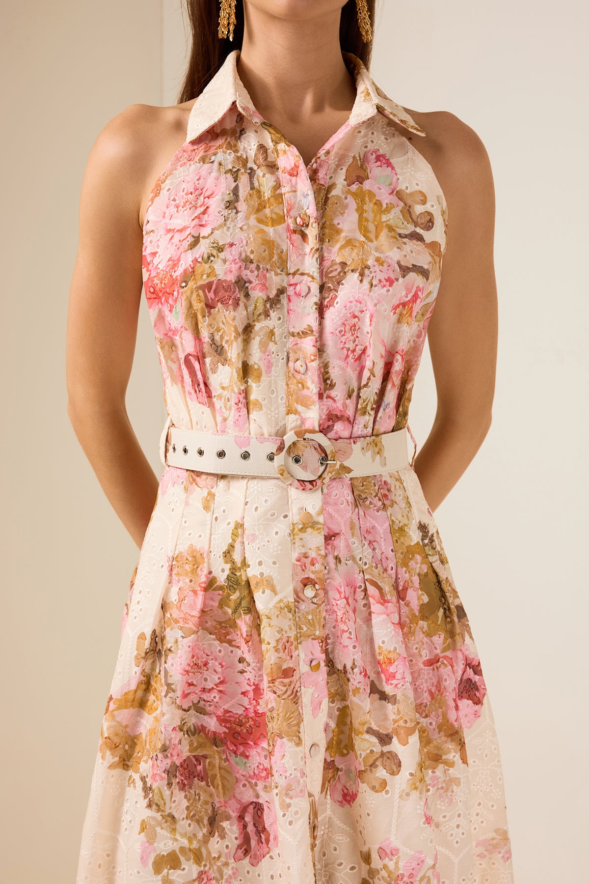 Embroidered Floral Maxi Dress With Belt