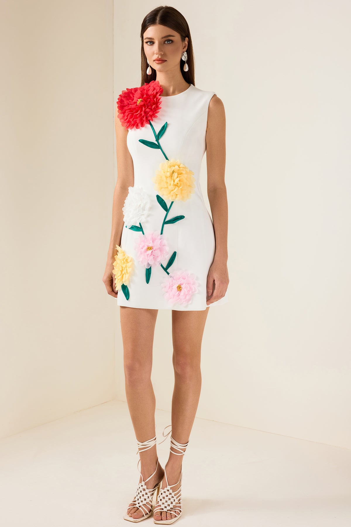 3D Flower Sleeveless Round Neck Mini Dress