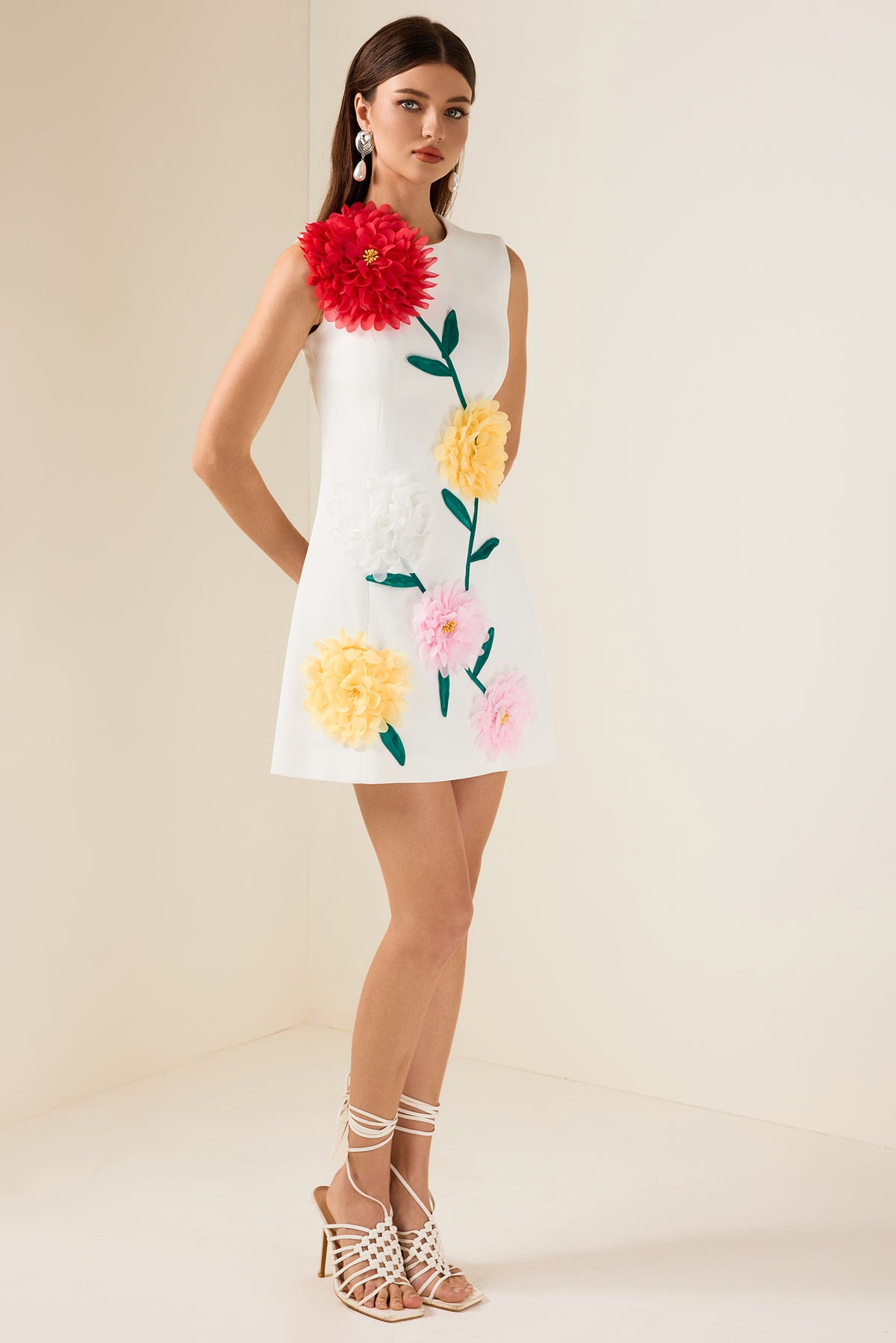 3D Flower Sleeveless Round Neck Mini Dress