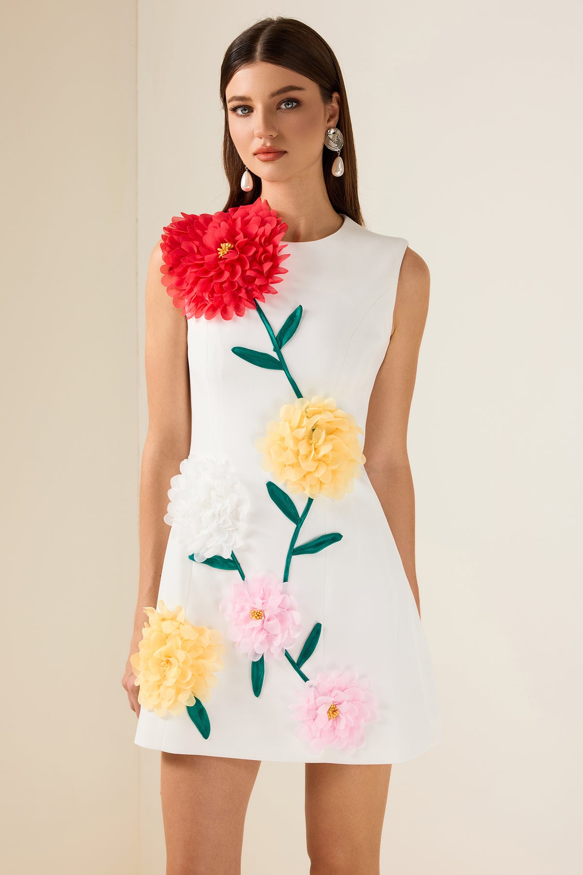 3D Flower Sleeveless Round Neck Mini Dress