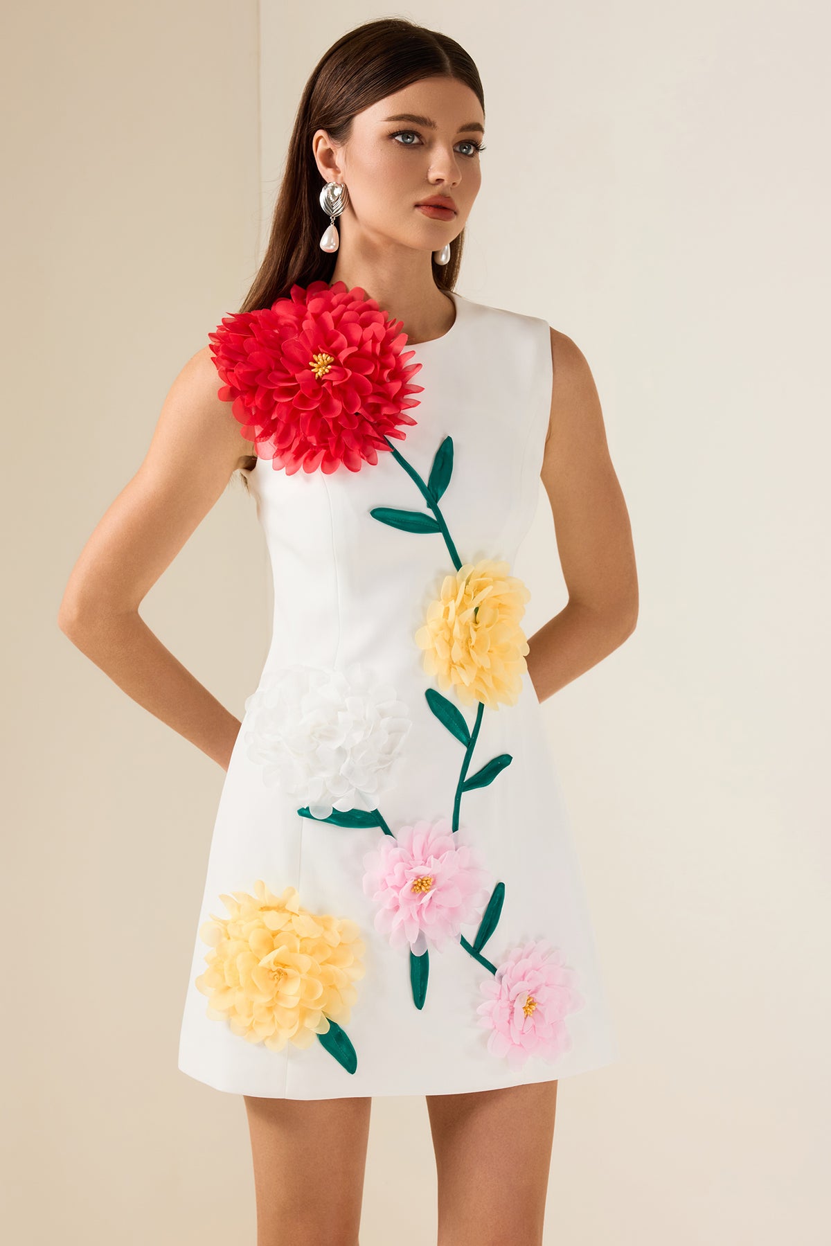 3D Flower Sleeveless Round Neck Mini Dress