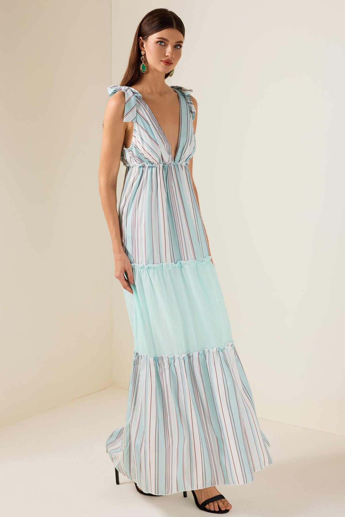 Stripe Splicing V-Neck Midi Dress