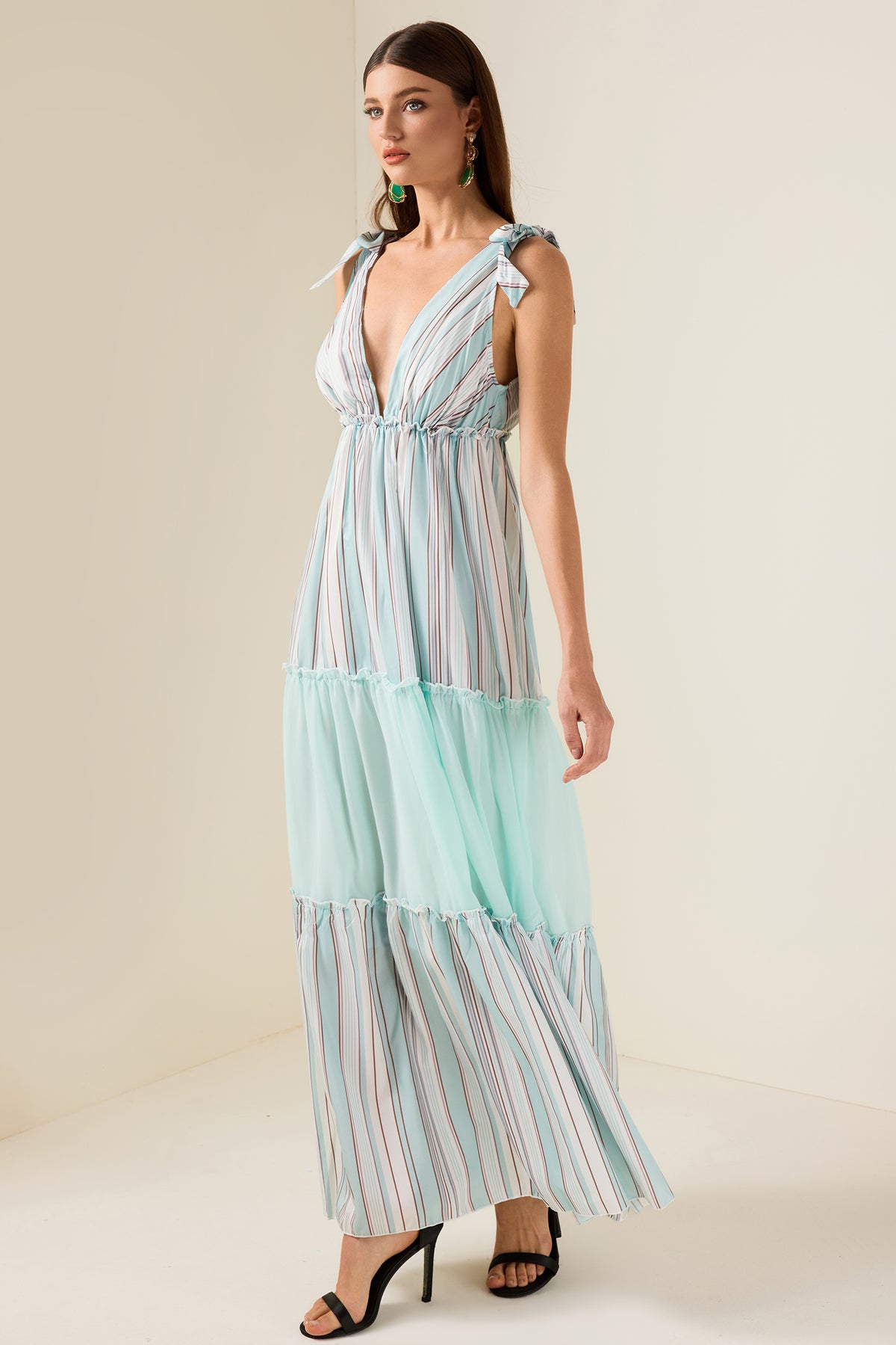 Stripe Splicing V-Neck Midi Dress
