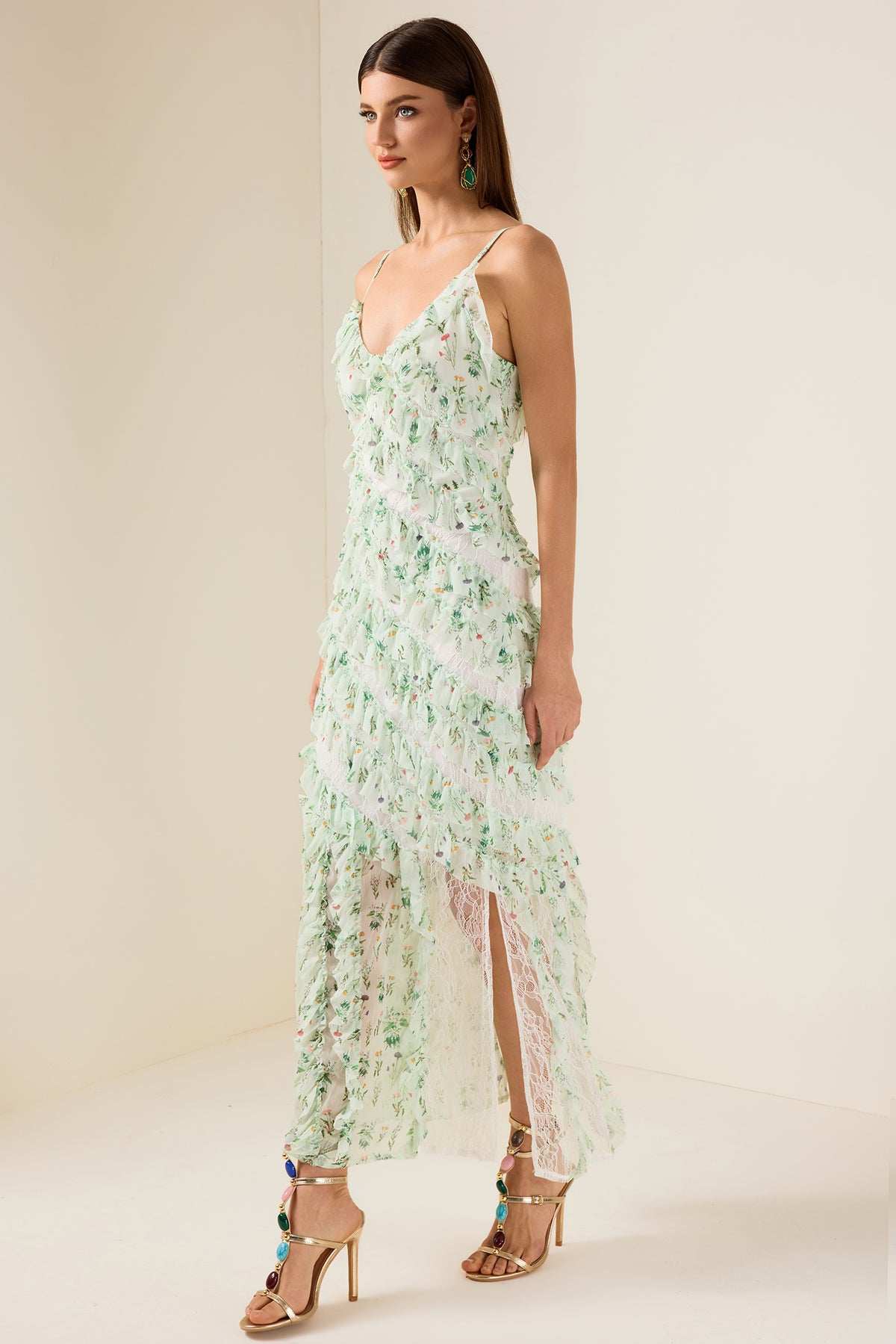 Floral Lace Frill Midi Dress