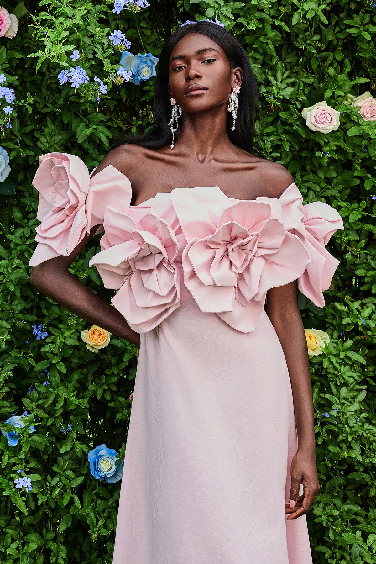 3D Flower Solid Off-Shoulder Midi Dress