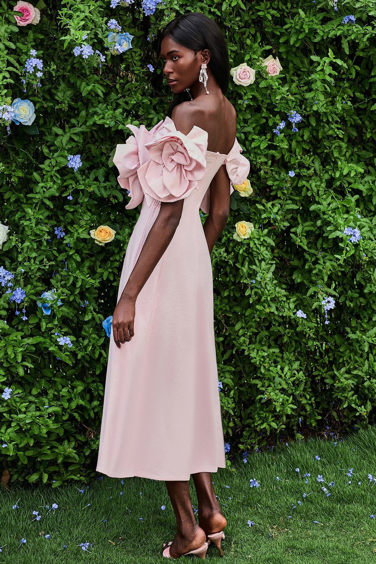 3D Flower Solid Off-Shoulder Midi Dress