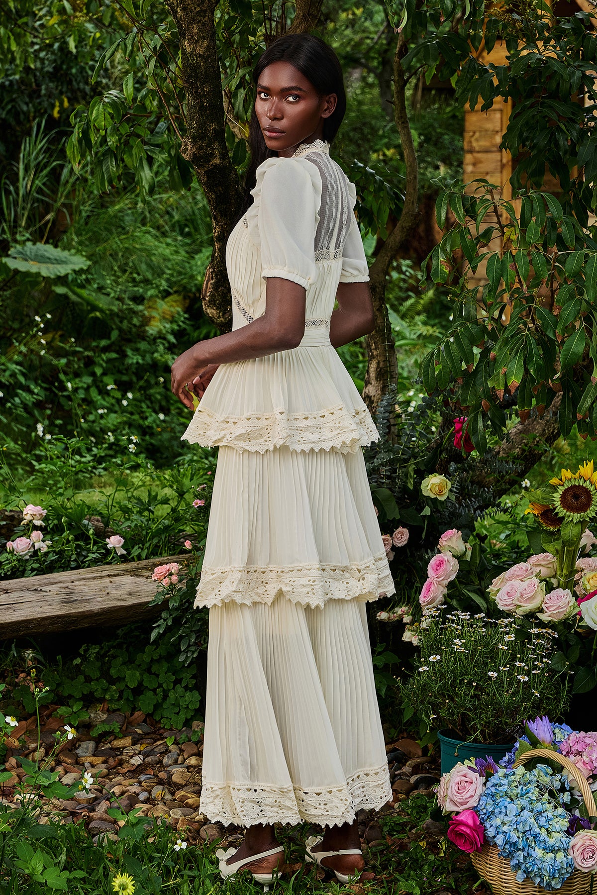 Solid Lace Ruffle Midi Dress