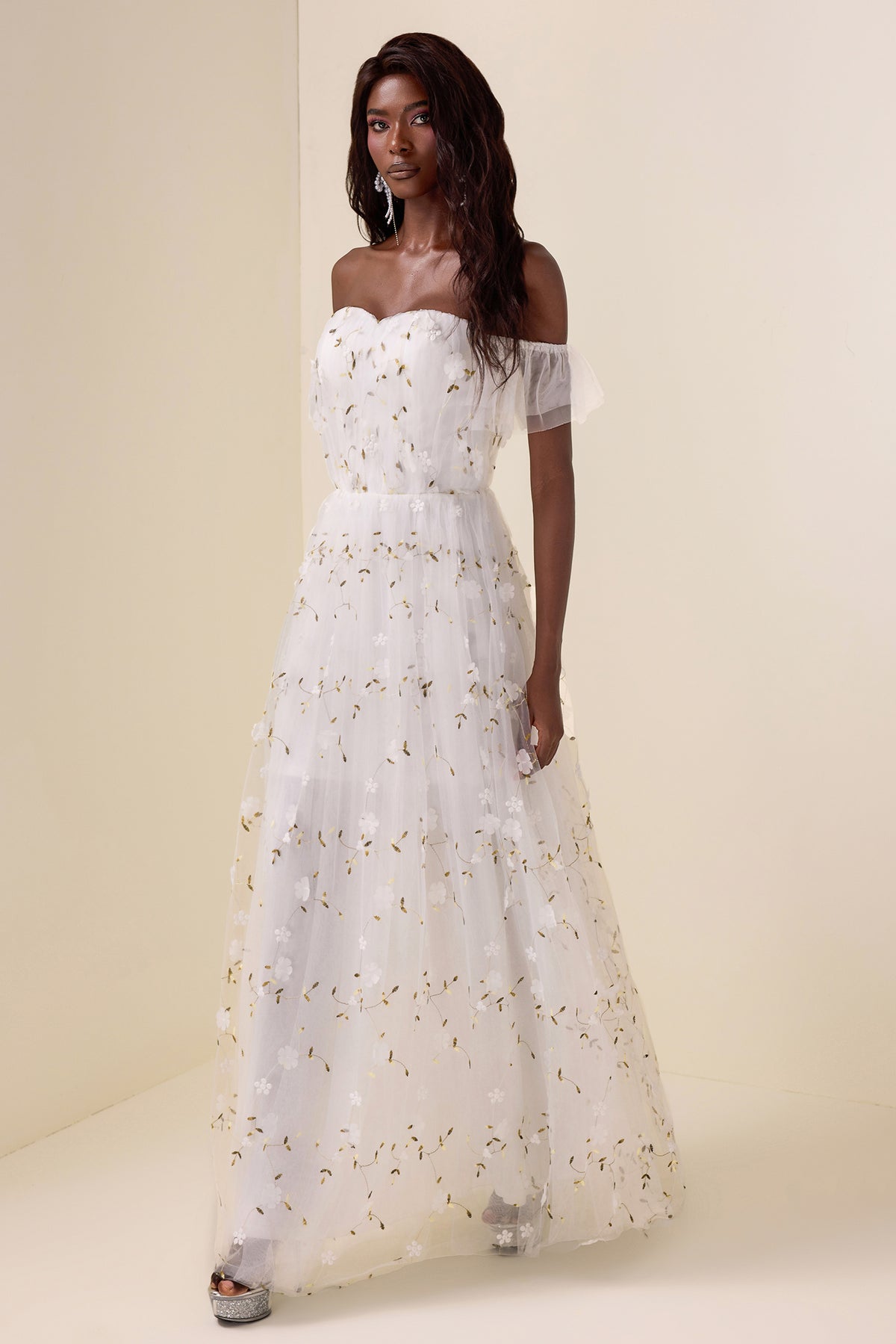 Mesh Embroidered Off-Shoulder Maxi Dress