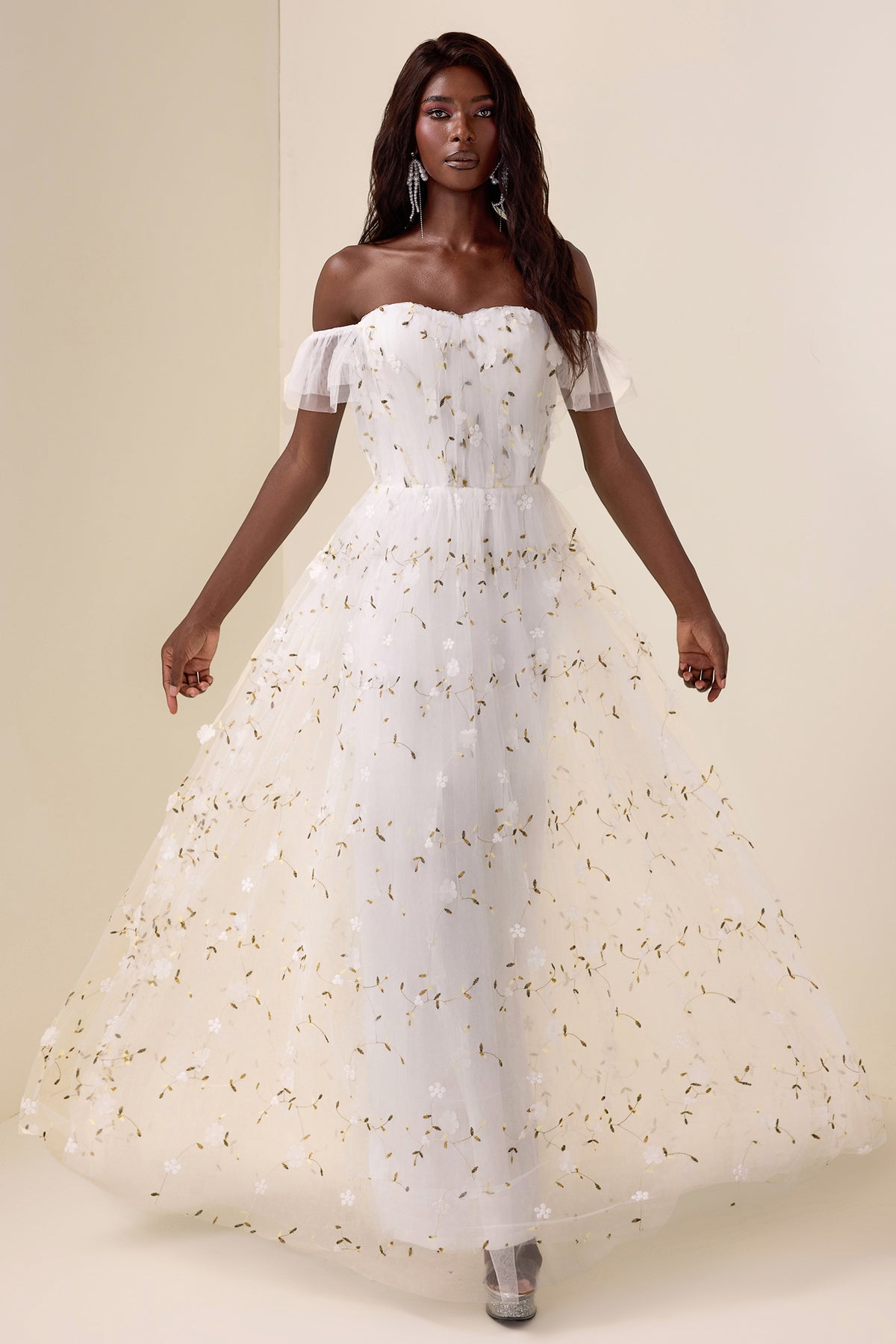 Mesh Embroidered Off-Shoulder Maxi Dress