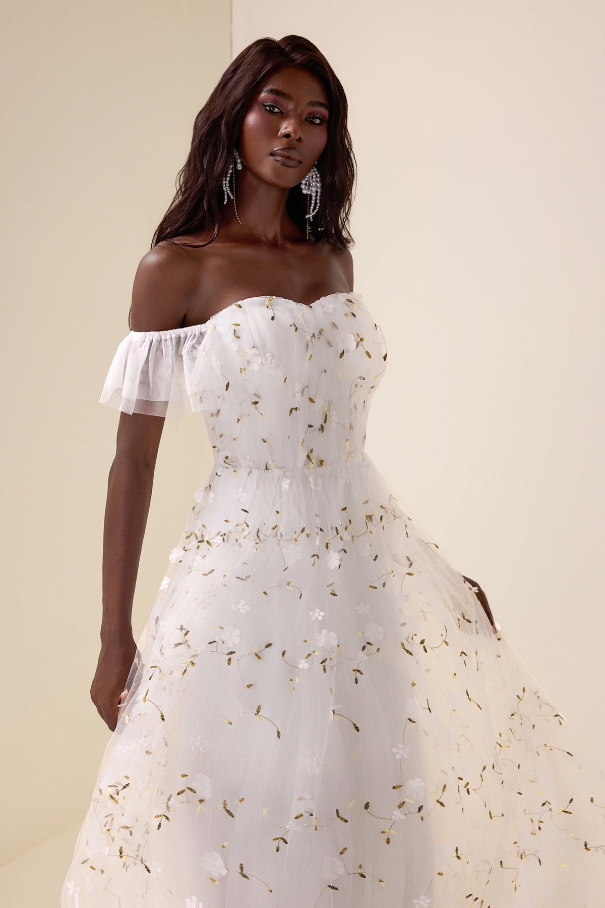 Mesh Embroidered Off-Shoulder Maxi Dress