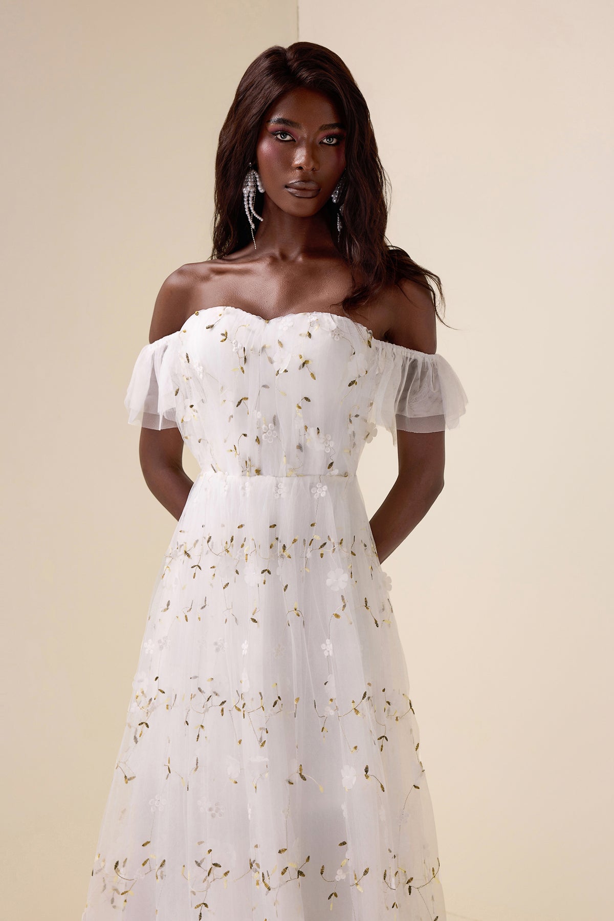 Mesh Embroidered Off-Shoulder Maxi Dress