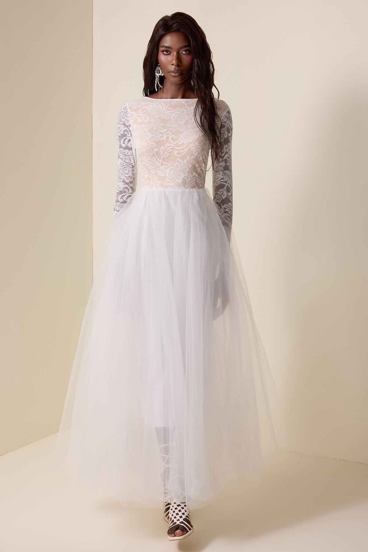 Lace Round Neck Long Sleeve Maxi Dress