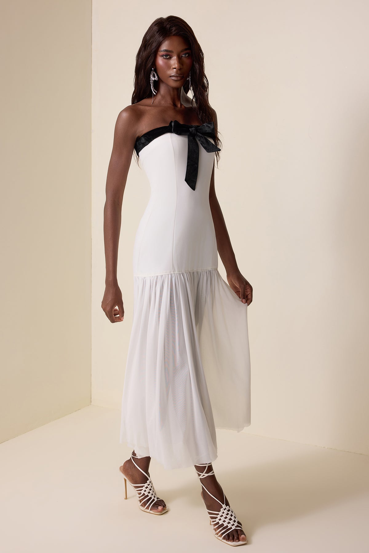 Contrast Color Splicing Off-Shoulder Midi Dress
