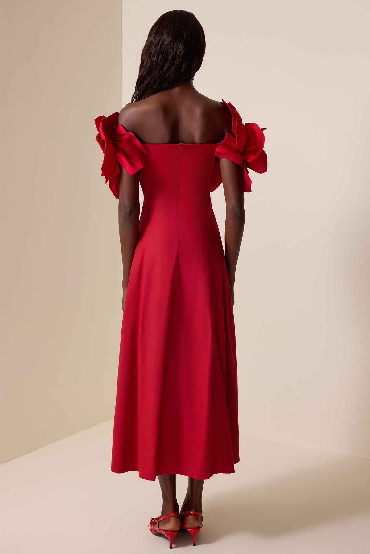3D Flower Solid Off-Shoulder Midi Dress