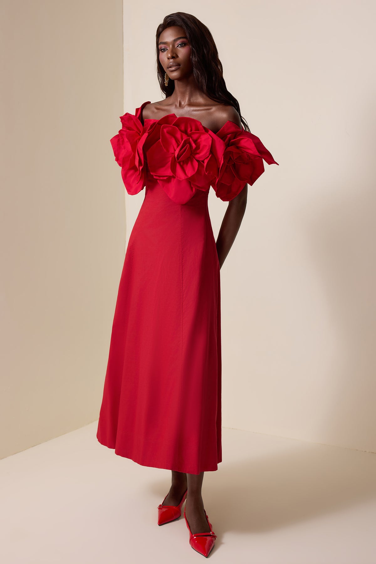 3D Flower Solid Off-Shoulder Midi Dress