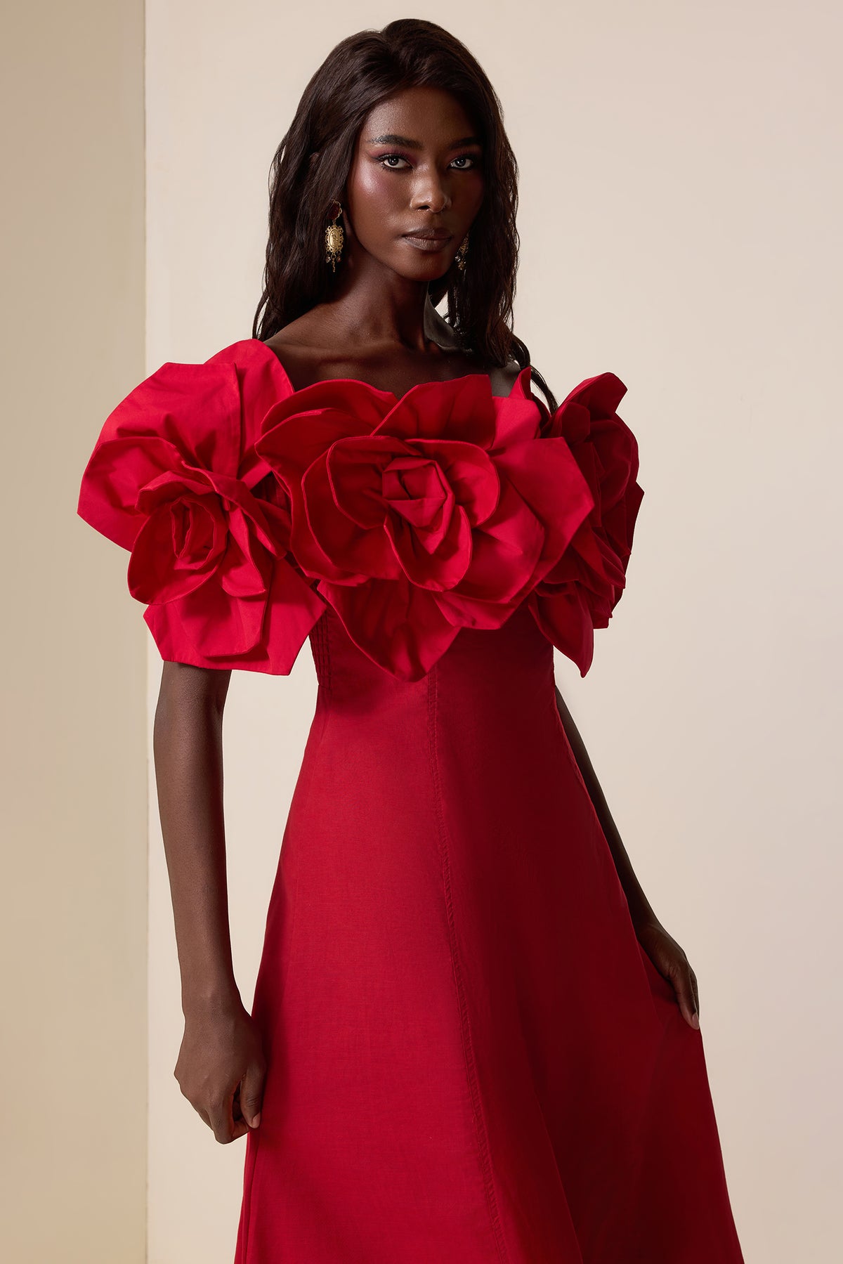3D Flower Solid Off-Shoulder Midi Dress