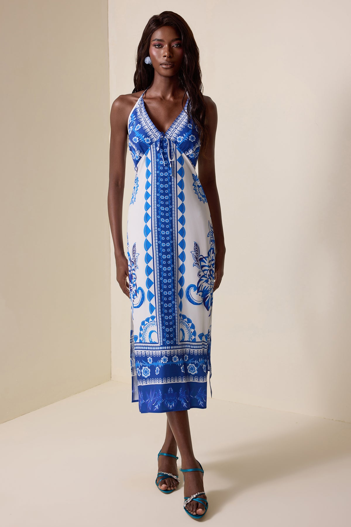 Paisley Print Backless Halter Neck Midi Dress