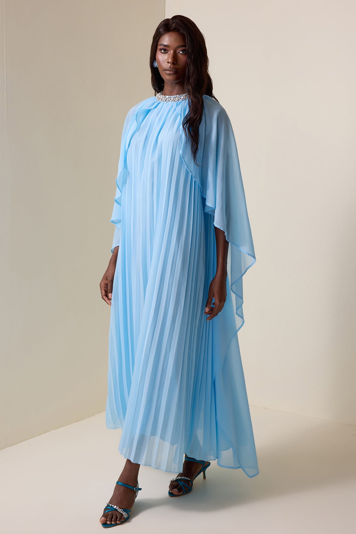 Rhinestone Pleated Cape Sleeve Midi Dress