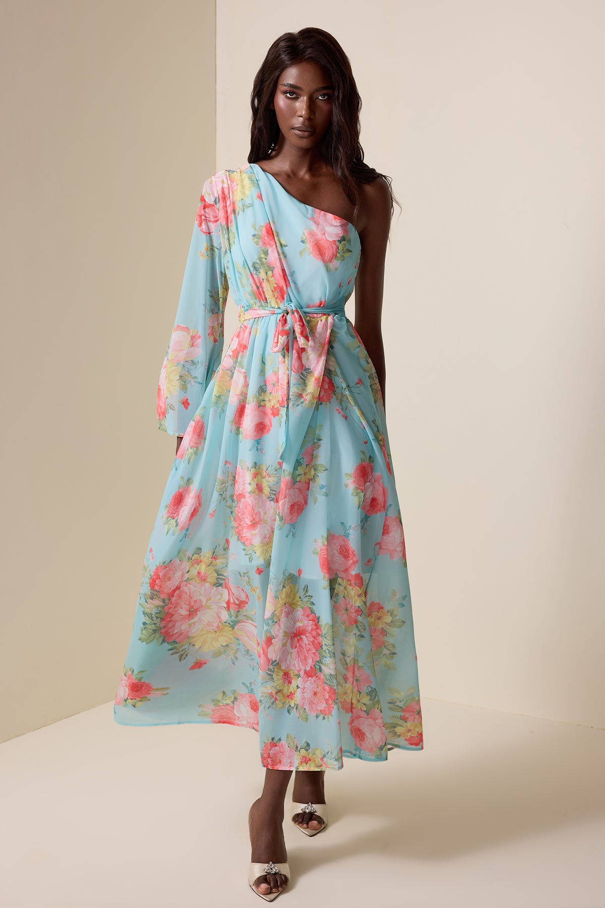 Floral One-Shoulder Lace Up Midi Dress