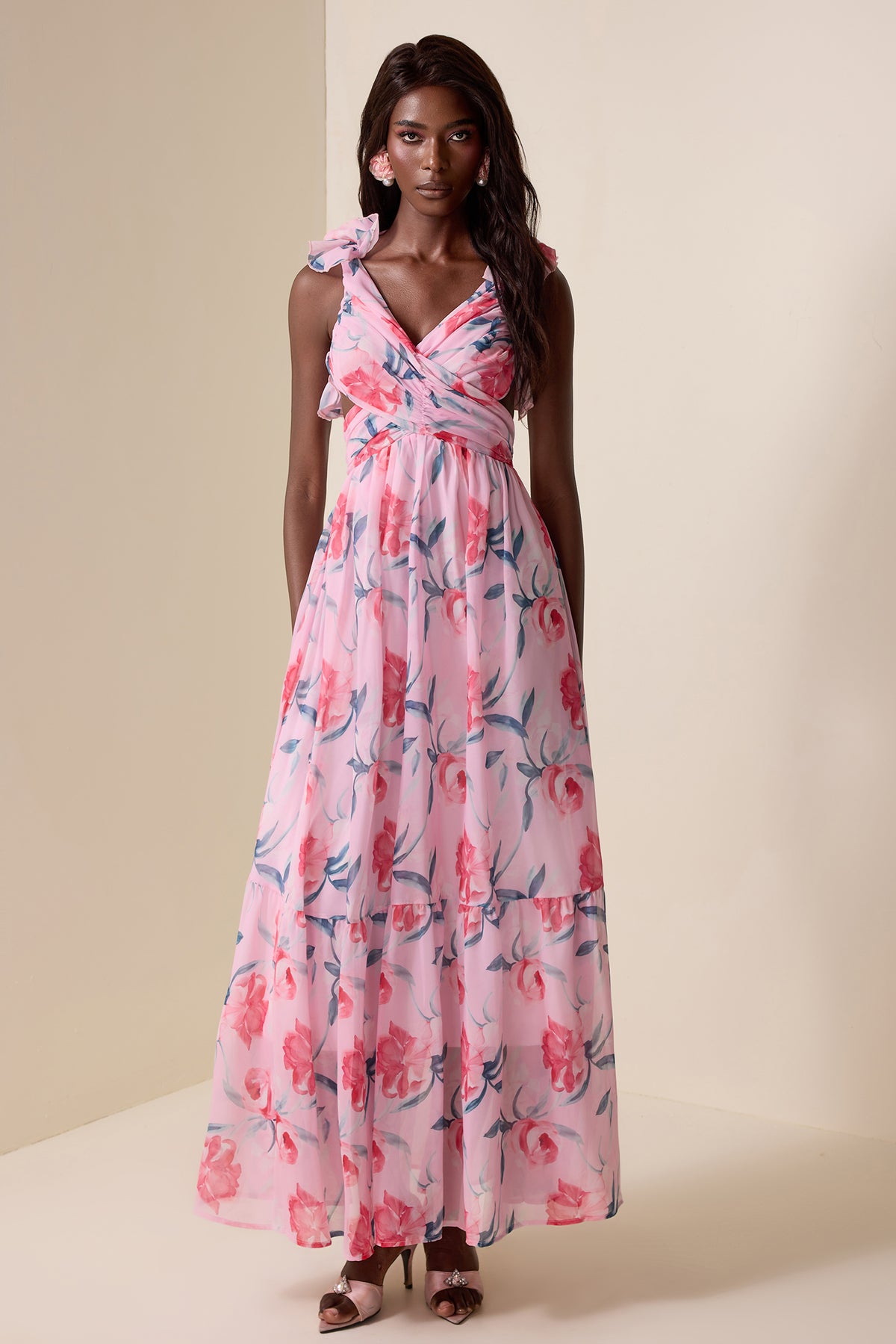 Floral Chiffon Backless Maxi Dress