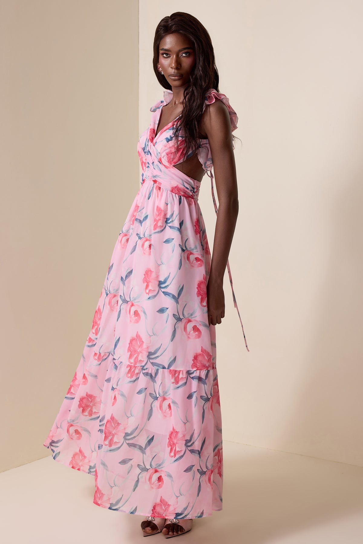 Floral Chiffon Backless Maxi Dress