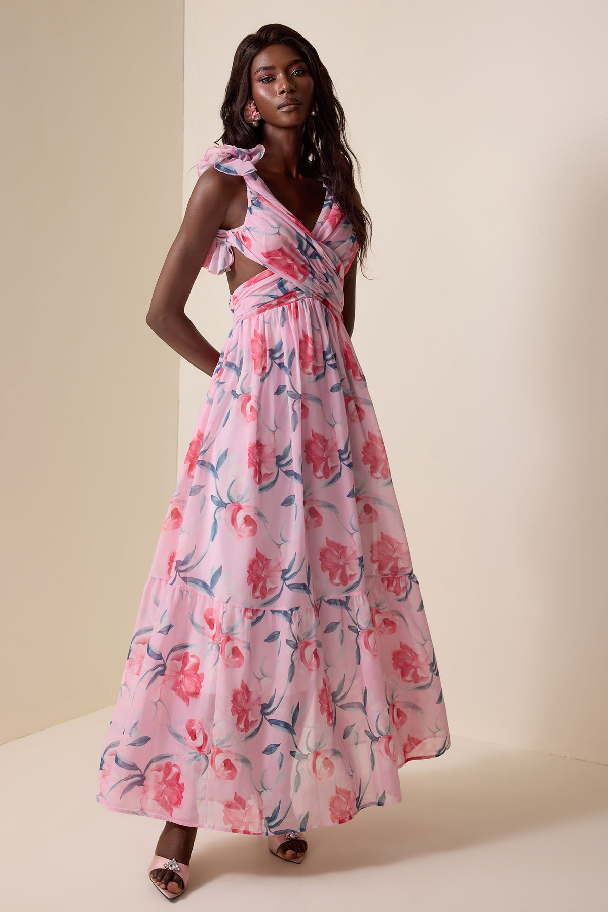 Floral Chiffon Backless Maxi Dress