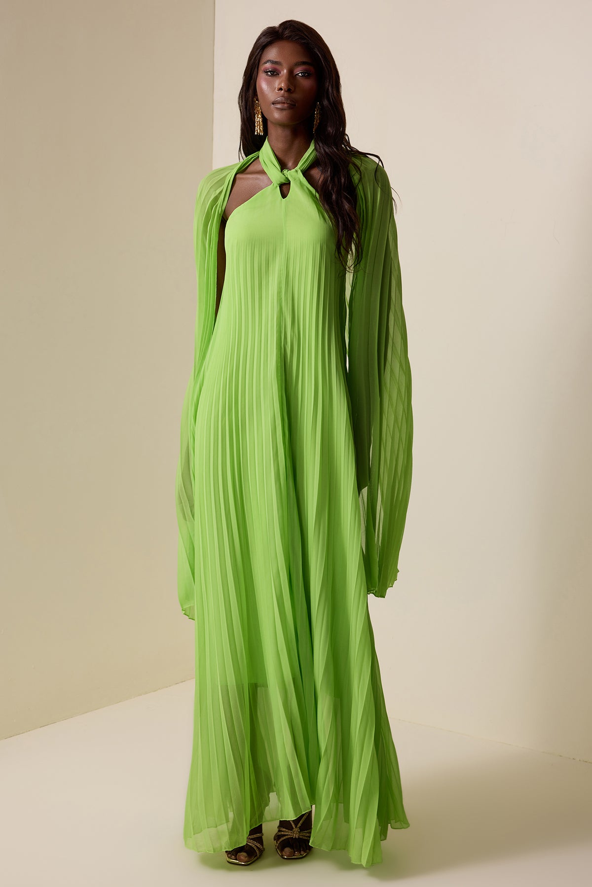 Chiffon Pleated Knotted Maxi Dress