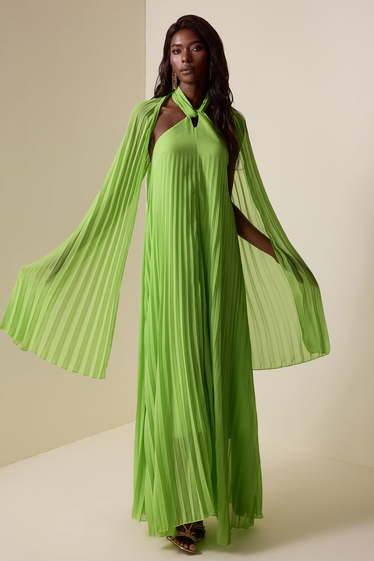 Chiffon Pleated Knotted Maxi Dress