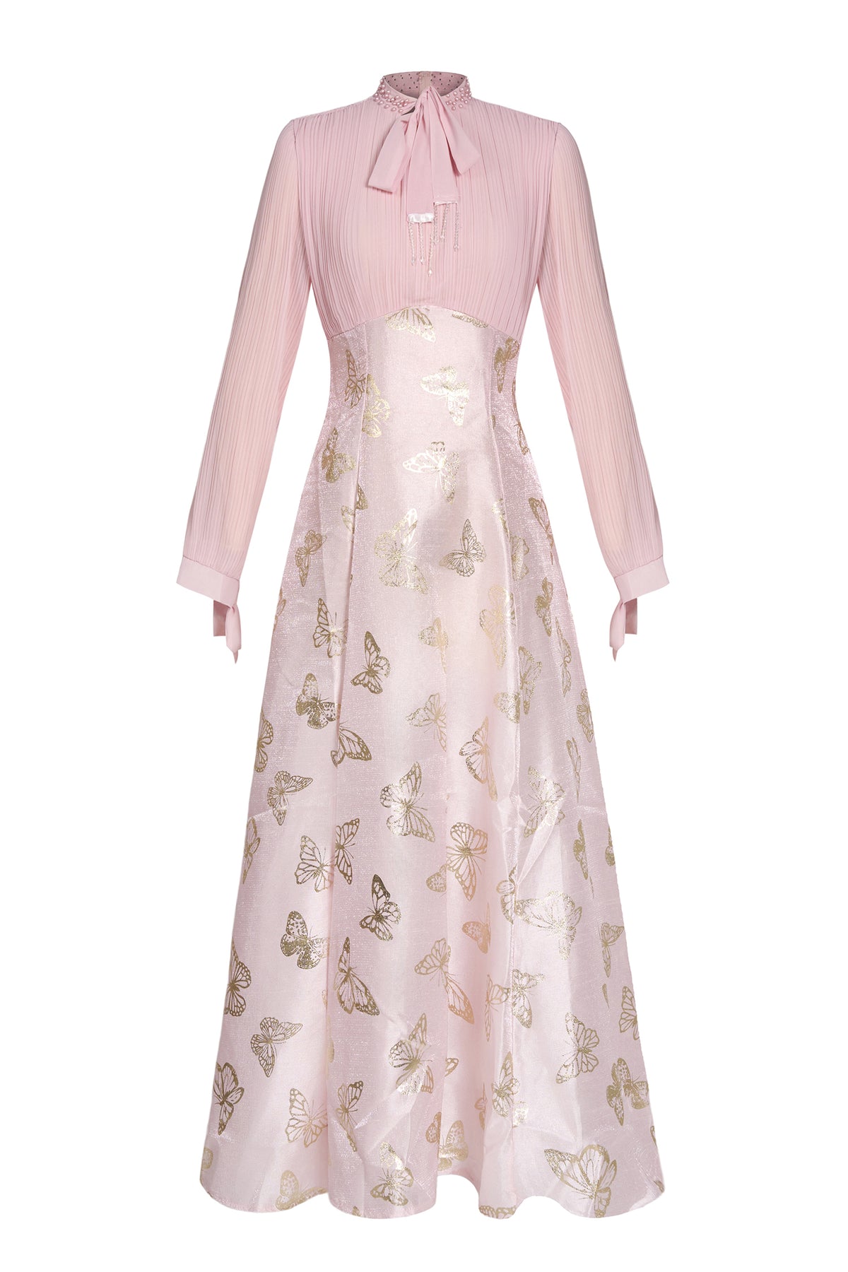Chiffon Pleated Butterfly Gold Foil Stamping Maxi Dress