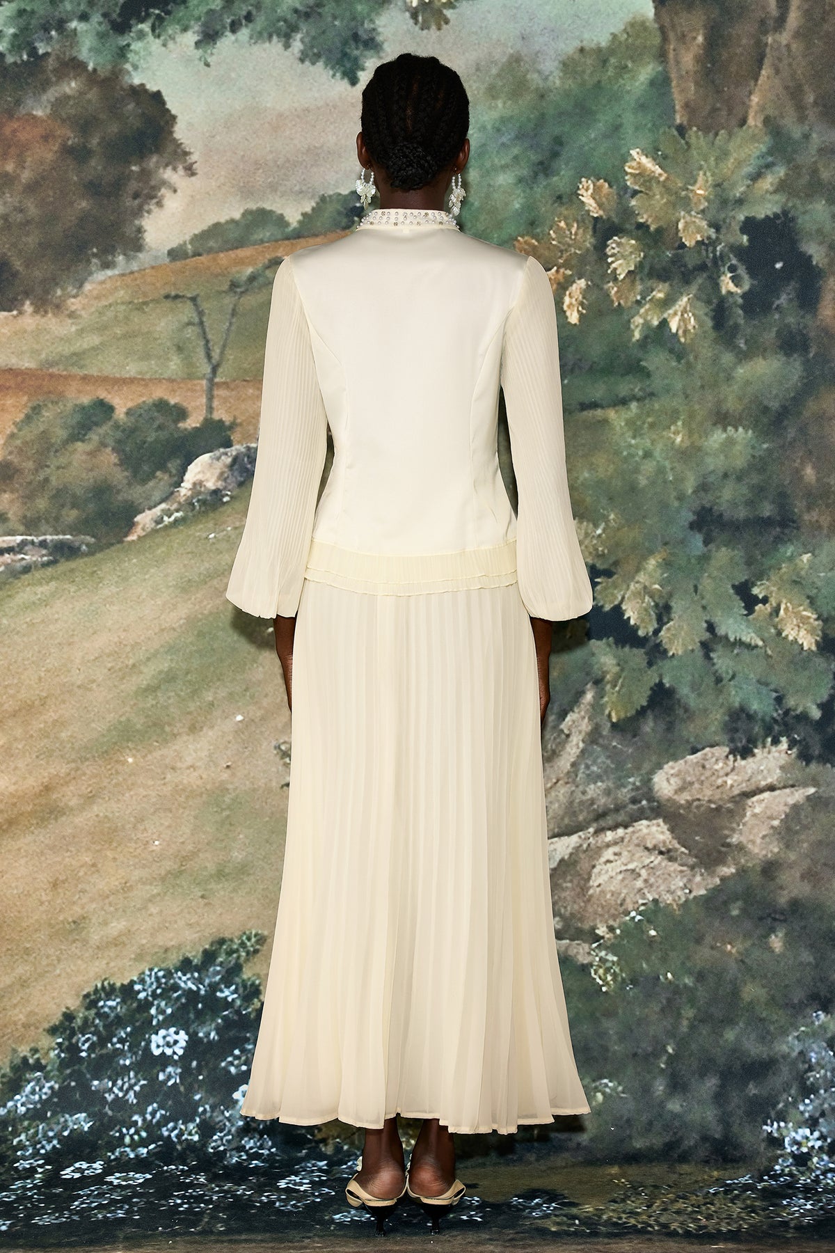 Chiffon Splicing Satin Top & High Waist Pleated Maxi Skirt Set