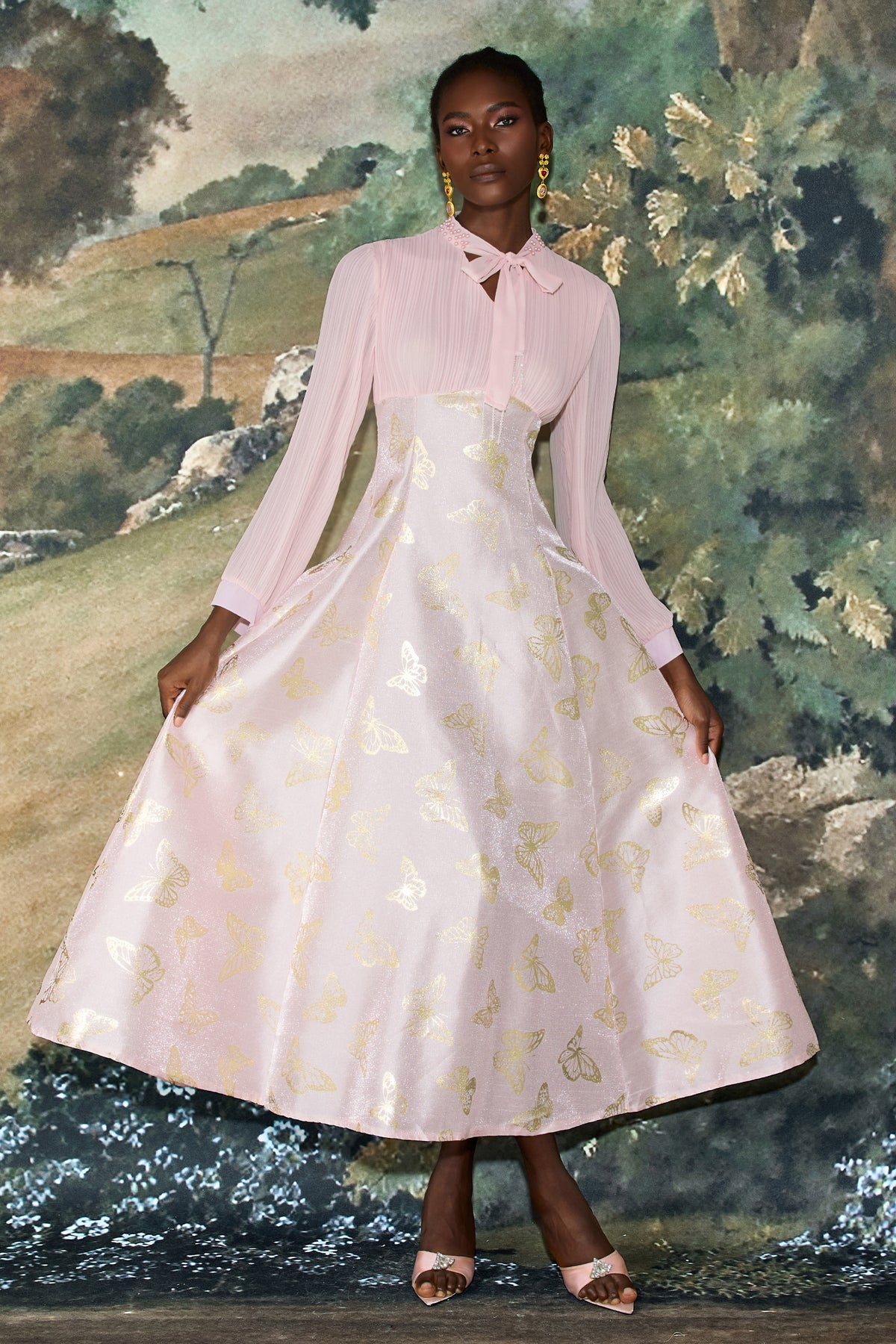 Chiffon Pleated Butterfly Gold Foil Stamping Maxi Dress