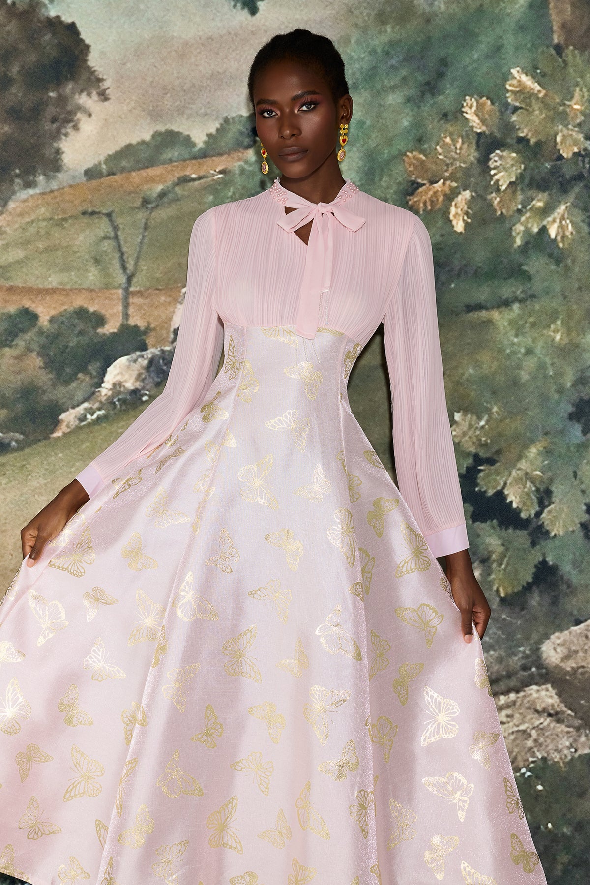 Chiffon Pleated Butterfly Gold Foil Stamping Maxi Dress