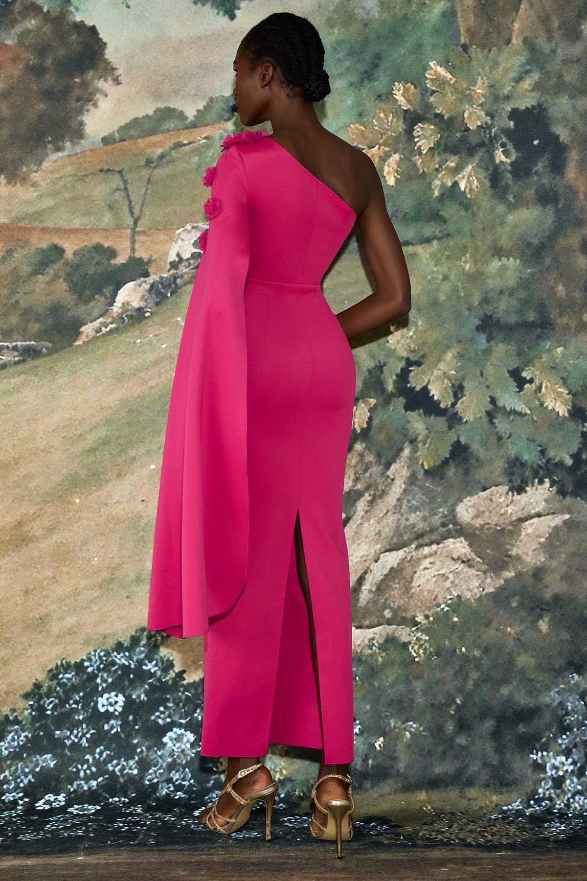 3D Flower Cape Sleeve Slit Midi Dress