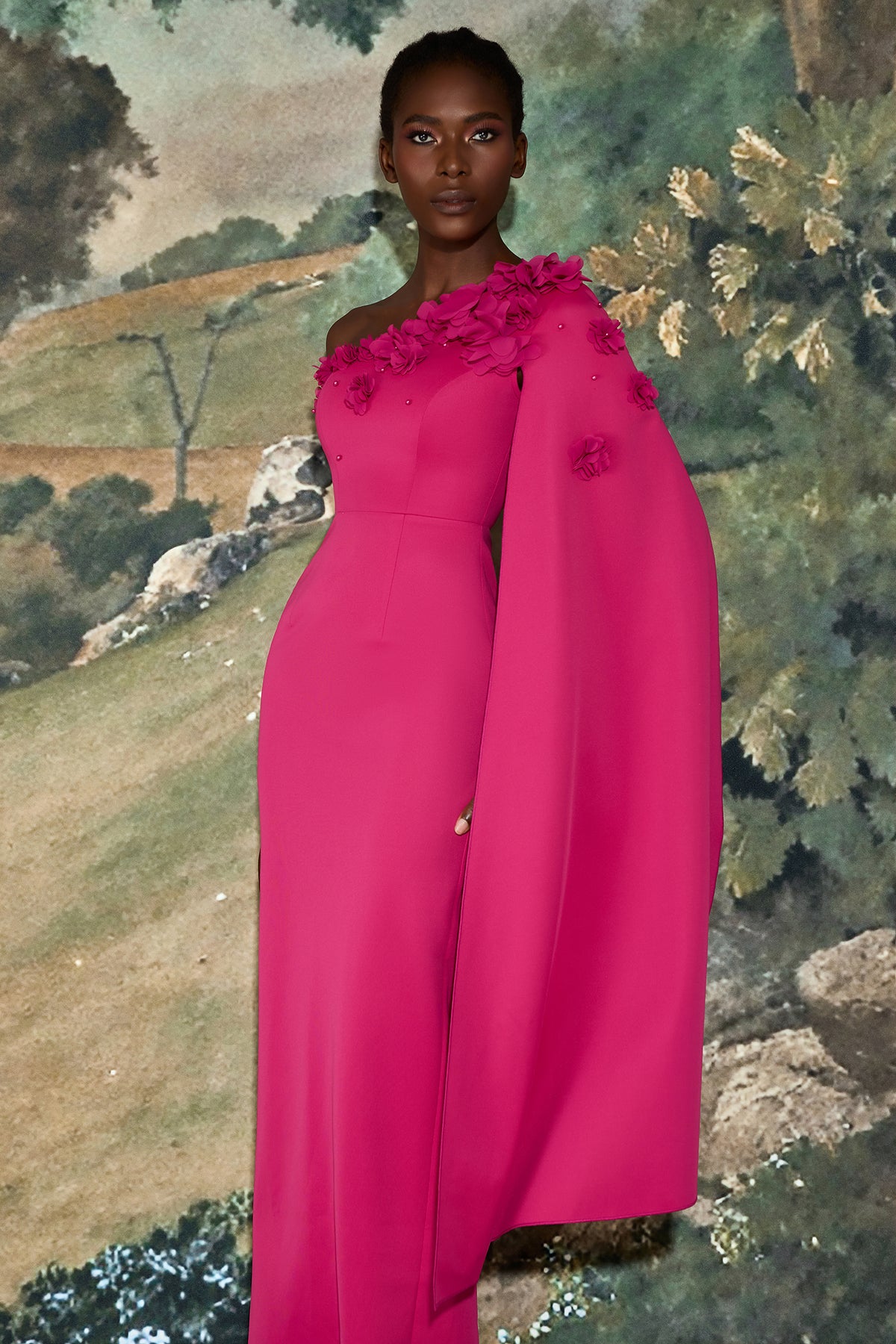 3D Flower Cape Sleeve Slit Midi Dress